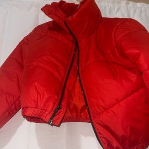 Red puffer jacket